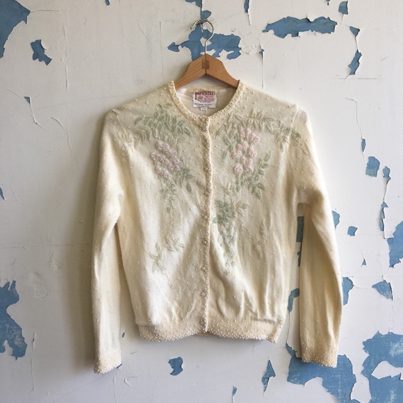 Vintage Sweaters - Vintage Hand Beaded Cream Wool Silk Lined Cardigan